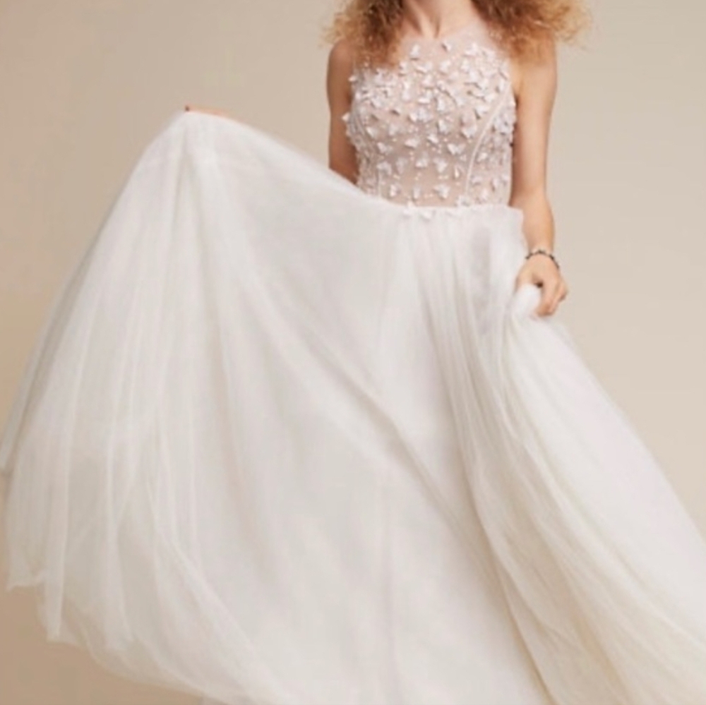 BHLDN White Sheer Butterfly Lace Bodice Wedding Dress Size 10 - Picture 4 of 12